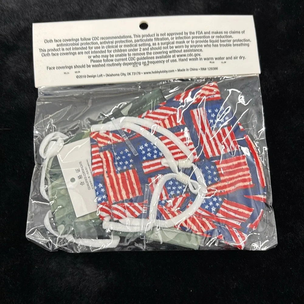 NWT Fashion Design Loft Camouflage & Flag Fabric Face Coverings Masks Washable